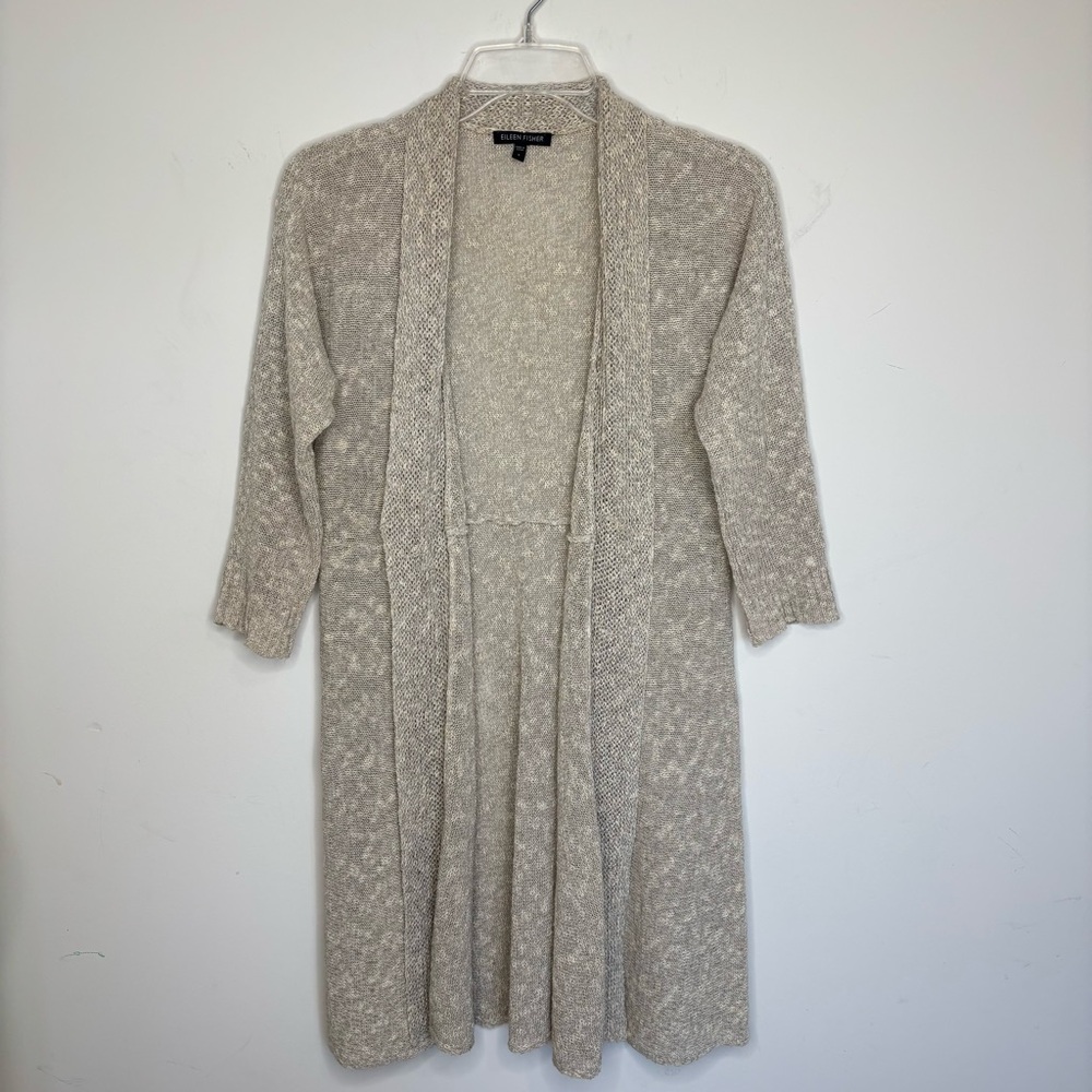 BN12 Eileen Fisher Linen Blend Taupe Beige Knit Cardigan Small Boho Classic